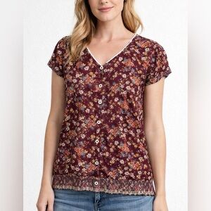 Lee Cooper Cottagecore Maroon Floral Short Sleeve Cotton Button Front V Neck Top